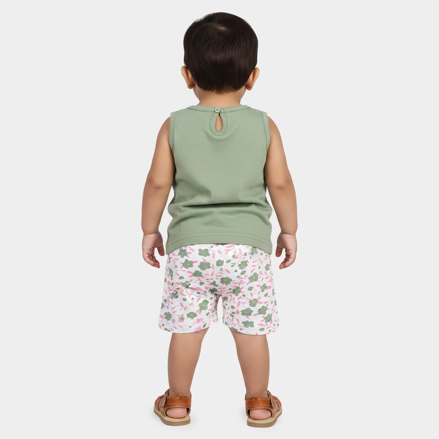 Infants Green Cotton Round Neck Printed Top and Shorts Set, Light Green, large