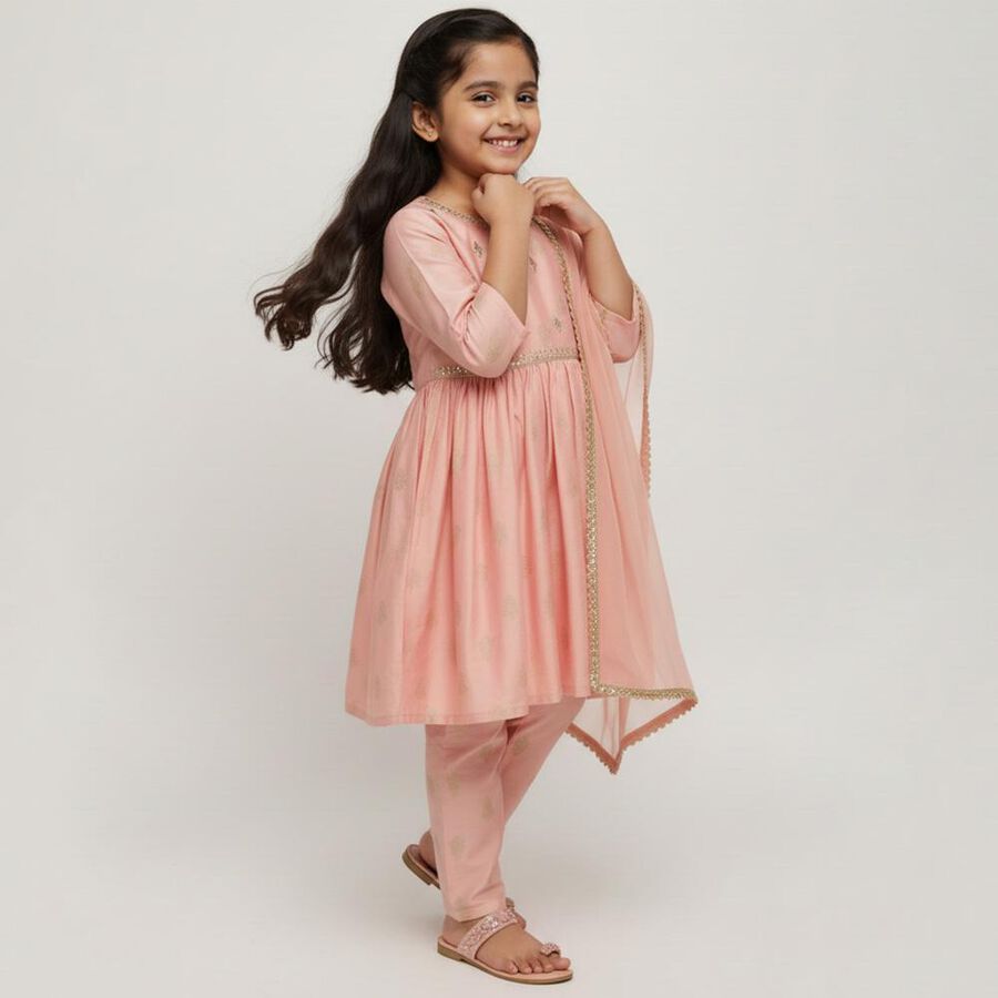 Girls Soft Pink Embroidered Kurta and Churidar Fusion Set, Peach, large image number null