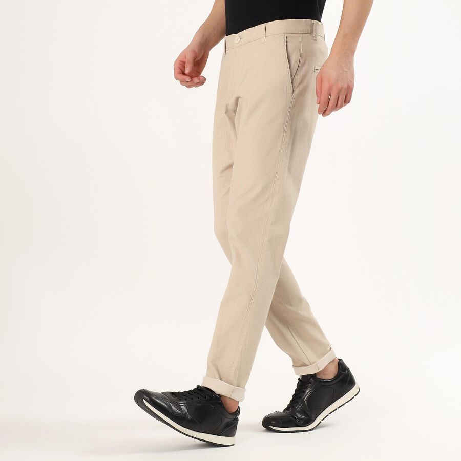 Men's Light Beige Slim Fit Flat-Front Casual Trousers, Beige, large image number null