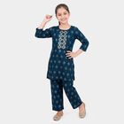 Girls Navy Blue Round Neck Fusion Set Upper and Bottom Set, नेवी ब्लू, small