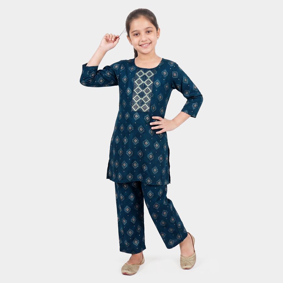 Girls Navy Blue Round Neck Fusion Set Upper and Bottom Set, नेवी ब्लू, large