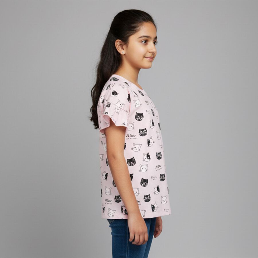 Girls Light Pink Cotton Round Neck Casual T-Shirt, हल्का गुलाबी, large