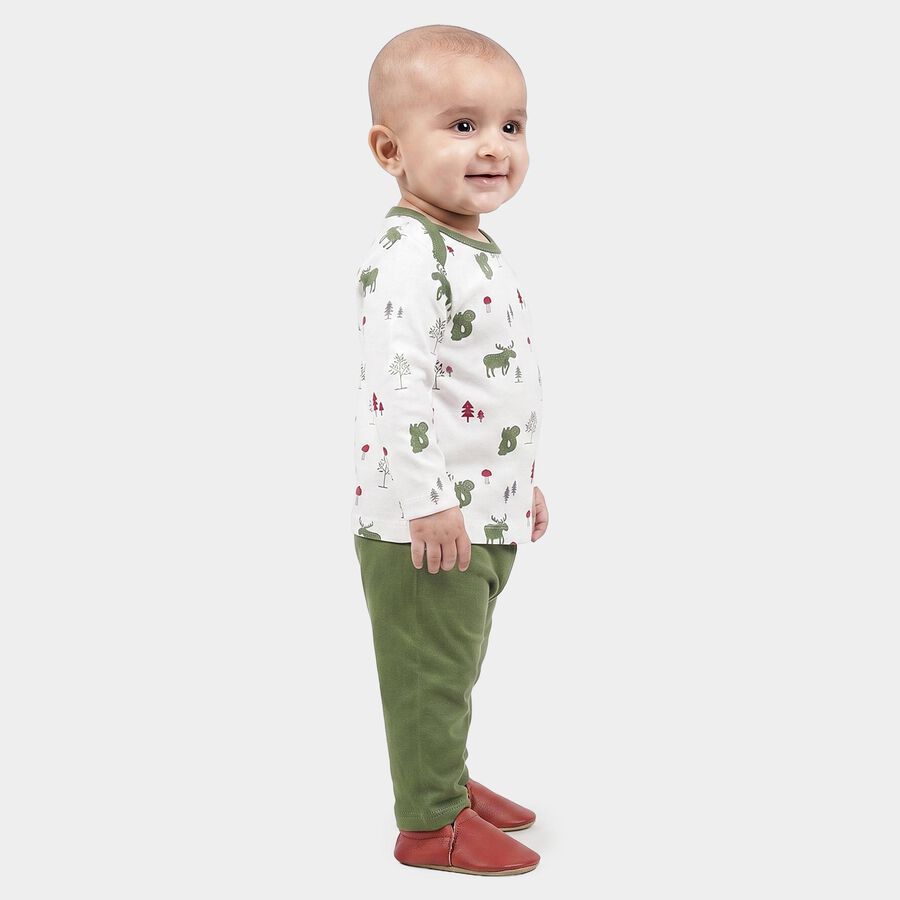 Infants' Olive Green 100% Cotton Round Neck Printed Baba Suit, Olive, large