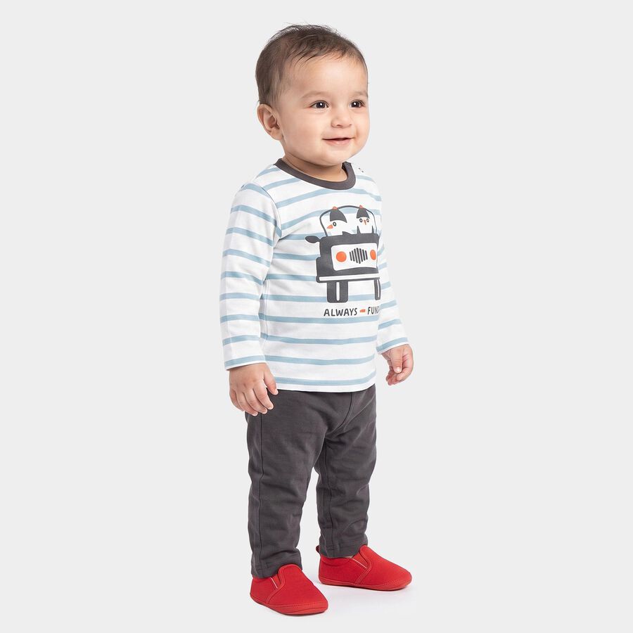Infants' Teal Blue 100% Cotton Round Neck Striped Baba Suit, टील ब्लू, large