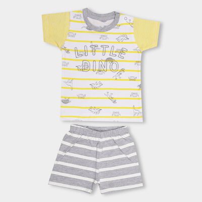 Infants' Yellow Cotton Round Neck Printed Baba Suit