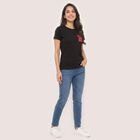 Women's Black Round Neck Graphic Print Regular T-Shirt, Black, small