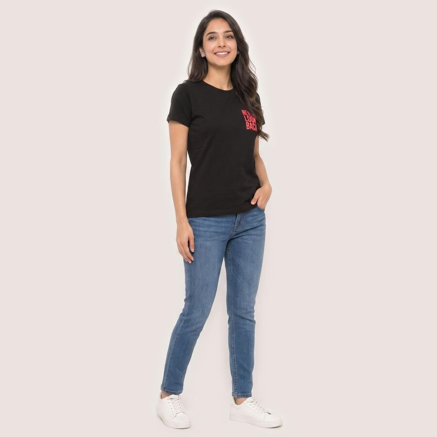 Women's Black Round Neck Graphic Print Regular T-Shirt, Black, large