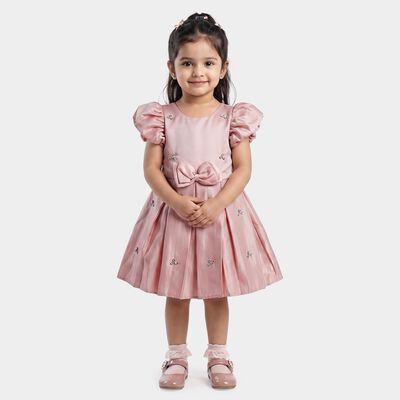 Girls Pink Fit and Flare Embellished Bow Party Wear Frock