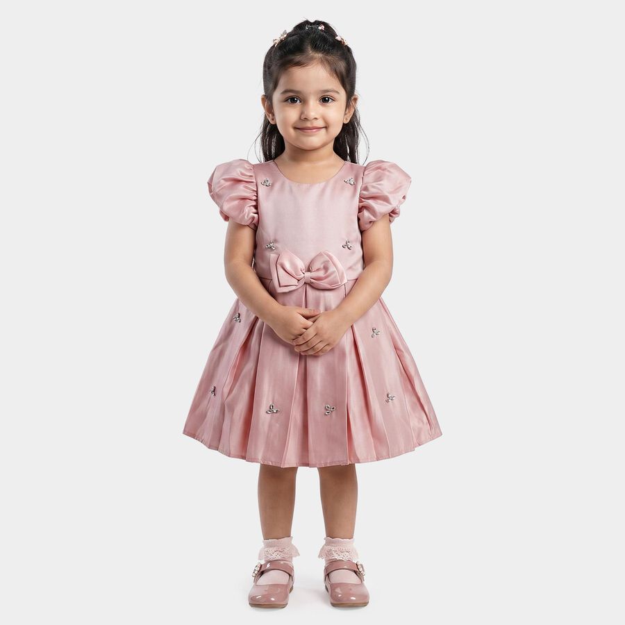 Girls Pink Fit and Flare Embellished Bow Party Wear Frock, Light Pink, large