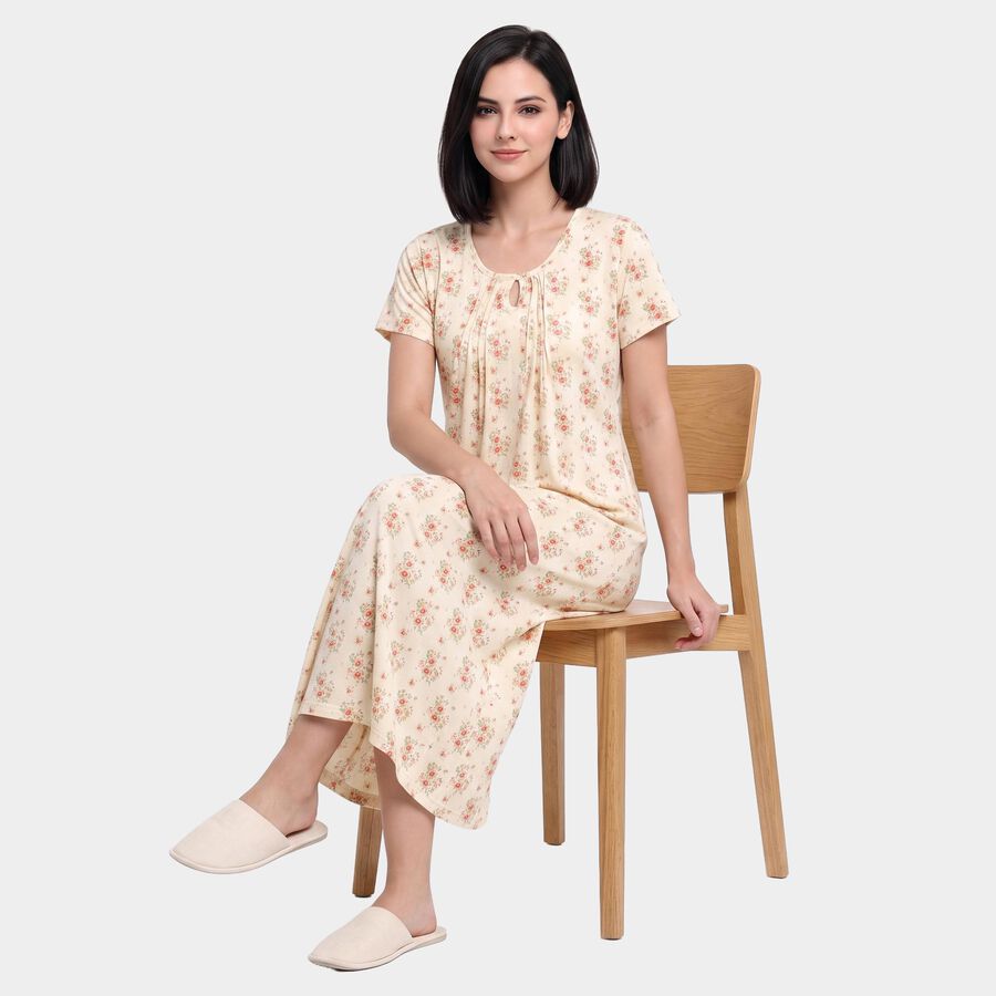 Women's Off White Round Neck Maxi Nighty, ऑफ व्हाइट, large