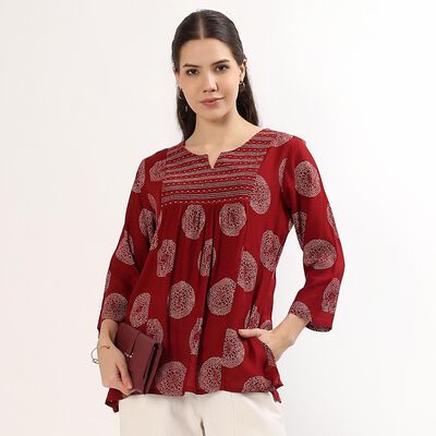 Women's Maroon Notch Neck Embroidered Kurti