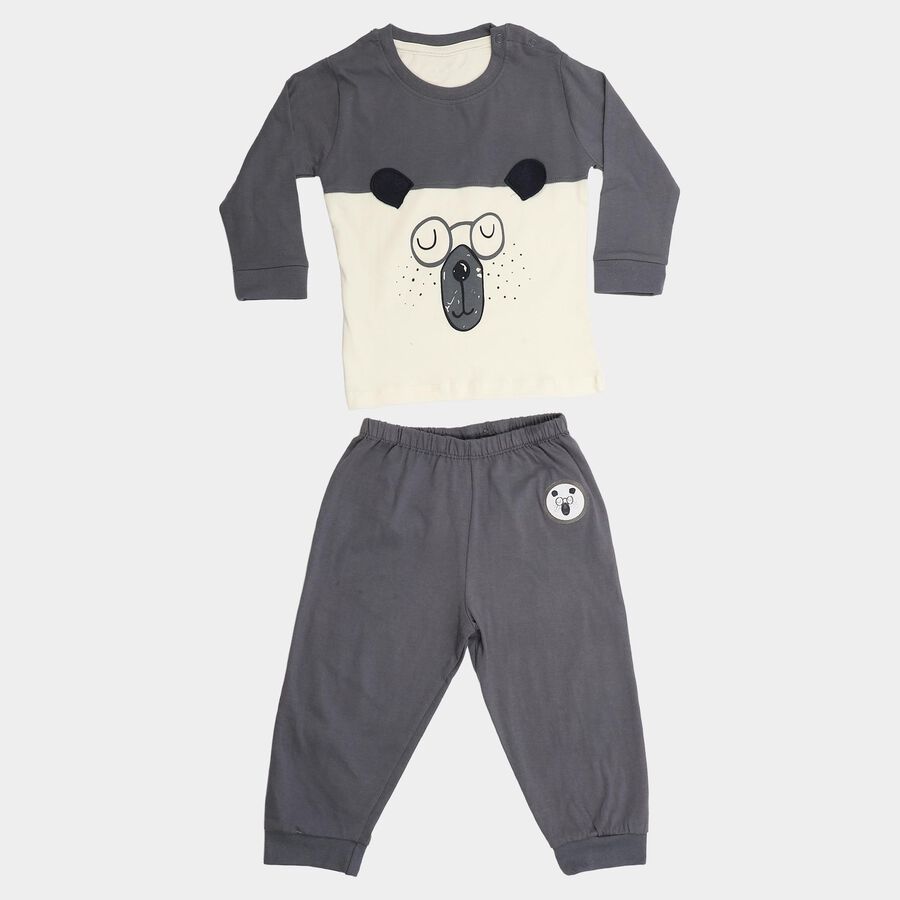 Infants' Grey Cotton Round Neck Graphic Print Baba Suit, Dark Grey, large