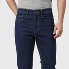 Men's Navy Blue Slim Fit Washed Jeans, गहरा नीला, small