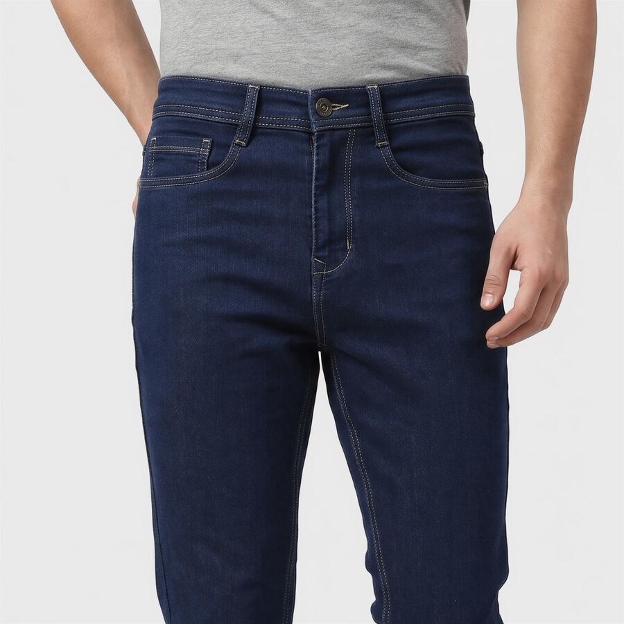 Men's Navy Blue Slim Fit Washed Jeans, गहरा नीला, large