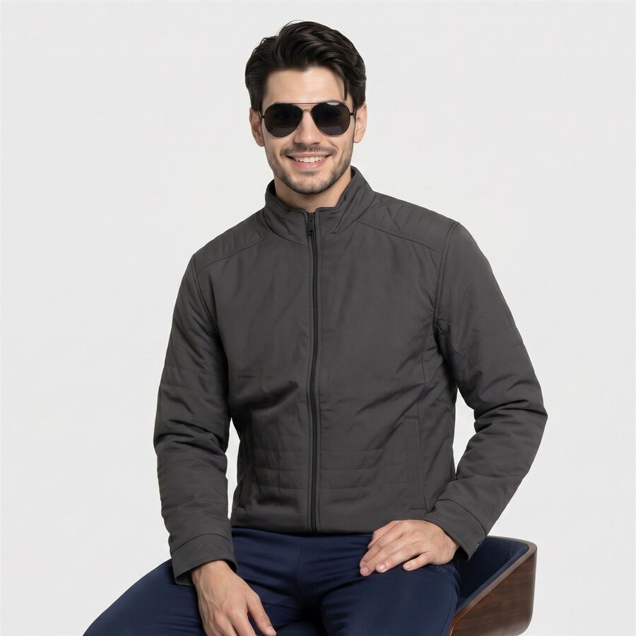 Men Dark Grey Stand Collar Windbreaker Jacket, Dark Grey, large