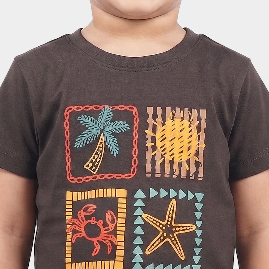 Boys Charcoal Cotton Crew Neck Graphic Print Baba Suit, Charcoal, large