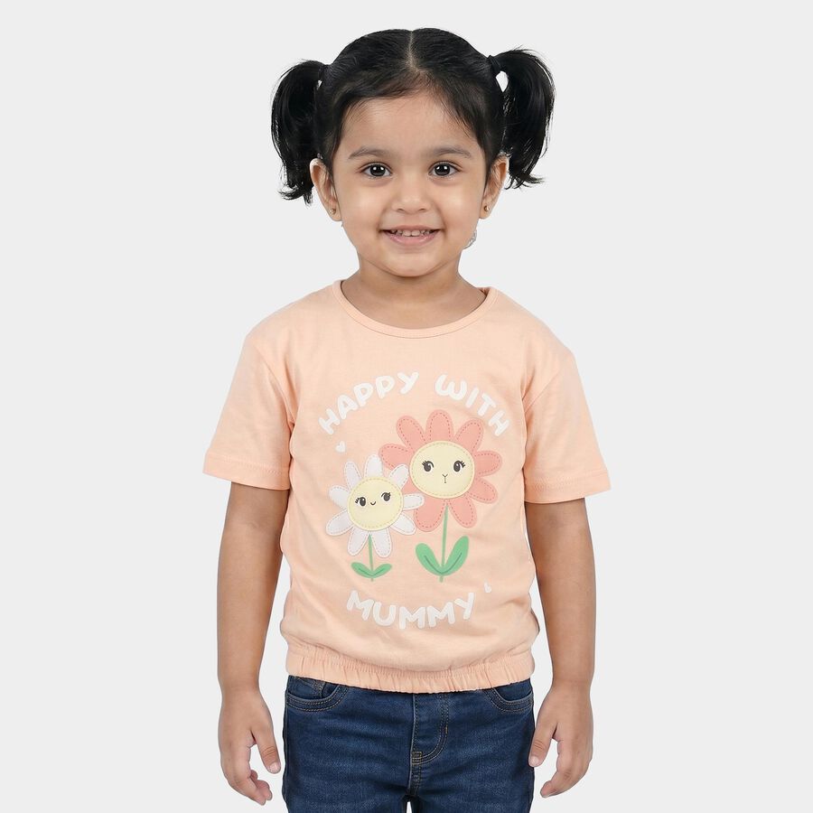 Girls Peach Cotton Round Neck Regular T-Shirt, Peach, large