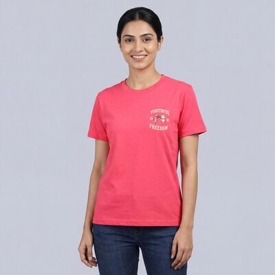 Women's Fuchsia Round Neck Vintage T-Shirt
