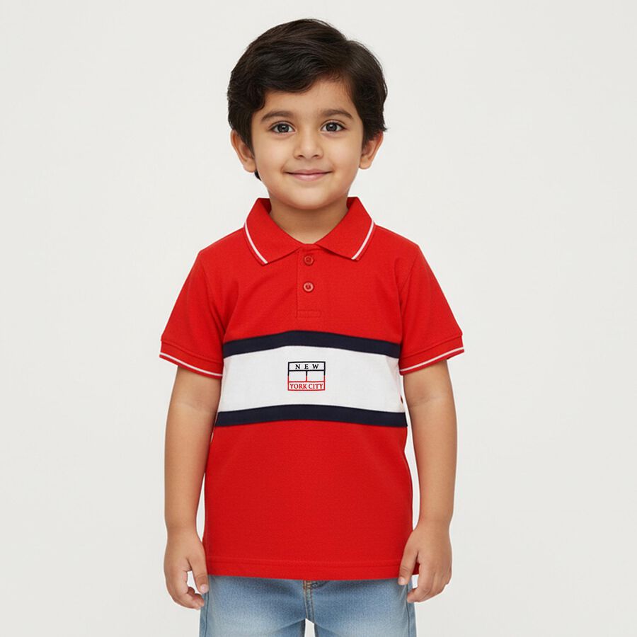 Boys Bright Cherry Red Cotton Polo Neck Casual T-Shirt, लाल, large image number null