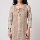 Women's Beige Round Neck Printed Kurta, Beige, small