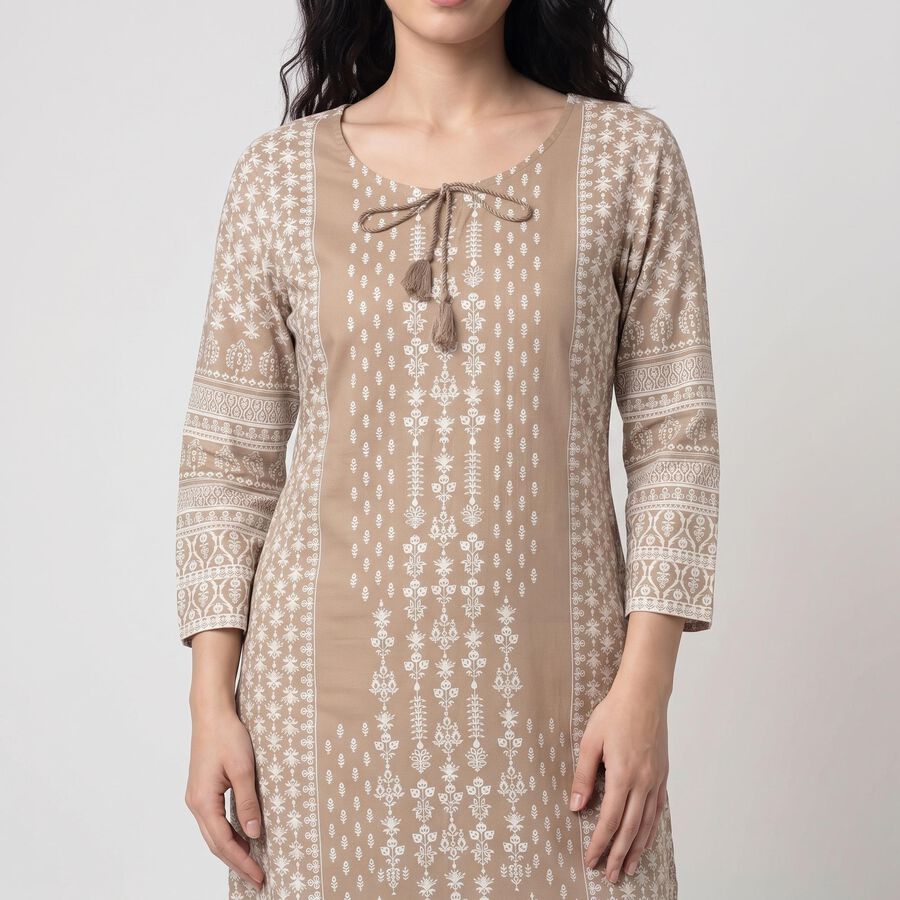 Women's Beige Round Neck Printed Kurta, Beige, large