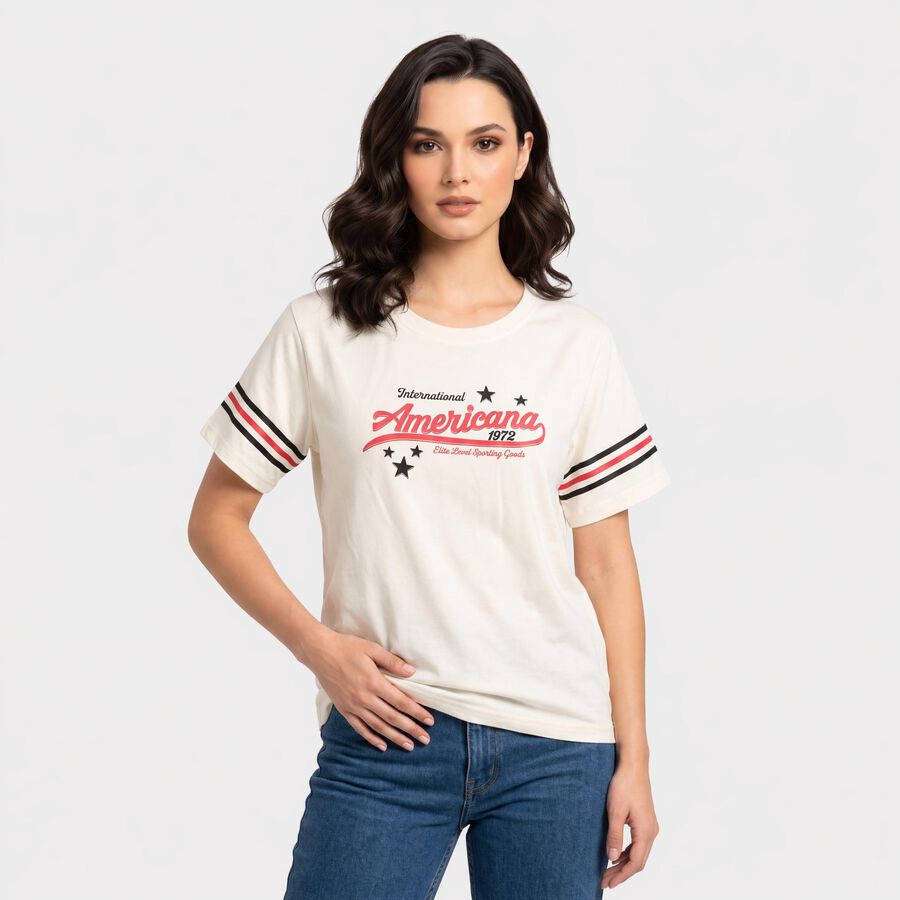 Women's Off White Round Neck Regular T-Shirt, ऑफ व्हाइट, large