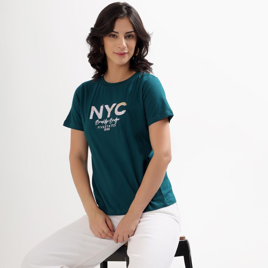 Women's Teal Cotton Round Neck Casual T-Shirt, Dark Green, large image number null