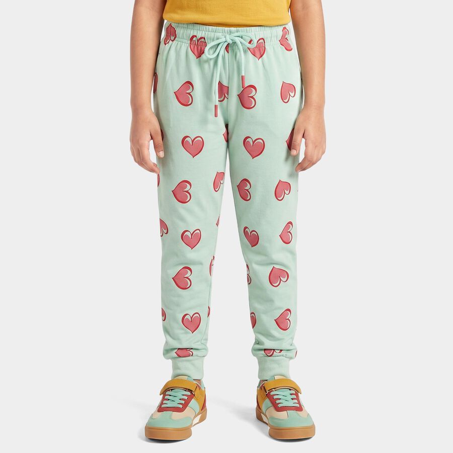 Girls' Mint Green Jogger Heart Printed Pyjama, हल्का हरा, large