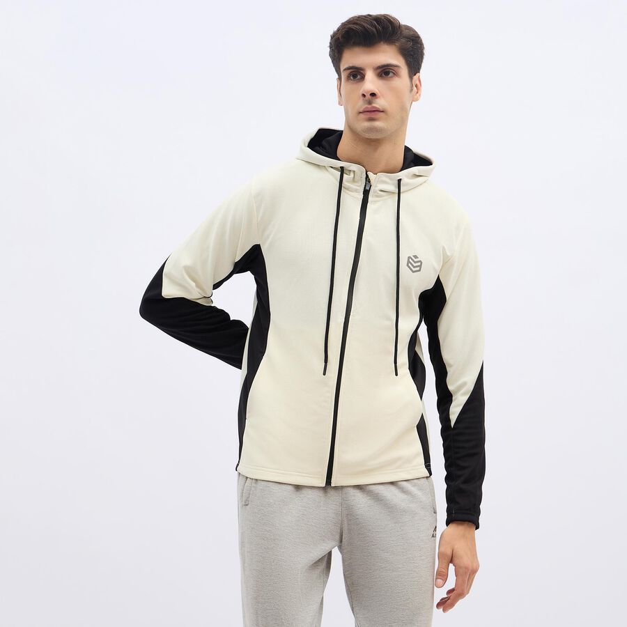Men's Light Beige and Black Hooded Athleisure Jacket, Beige, large image number null
