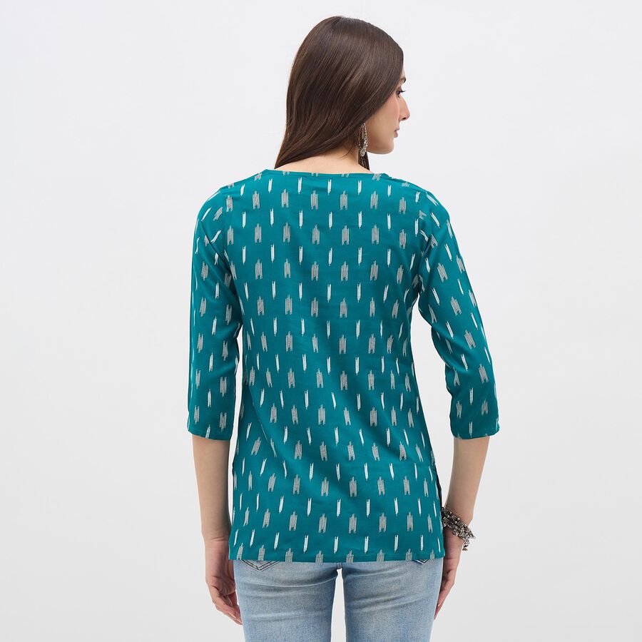 Women's Deep Teal Blue Notch Neck Printed Kurti, Mid Blue, large image number null