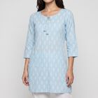 Women's Light Blue Round Neck Printed Kurta, हल्का नीला, small