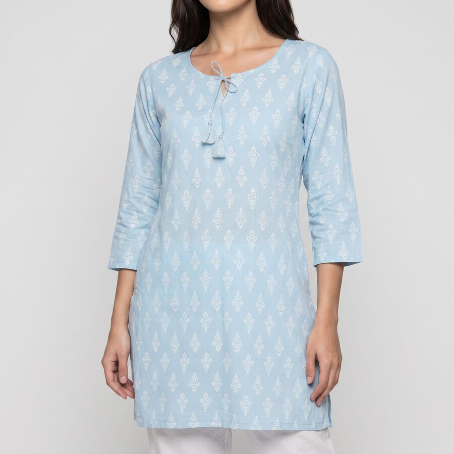 Women's Light Blue Round Neck Printed Kurta, हल्का नीला, large