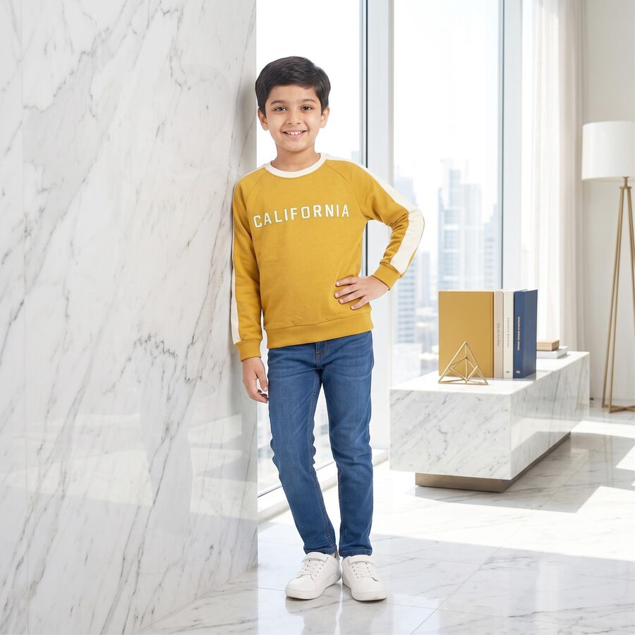 Boys' Mustard Crew Neck Raglan Sleeve Graphic Print Sweatshirt, मस्टर्ड, large