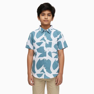 Boys' Muted Teal Blue Cotton Half Sleeve Classic Casual Shirt