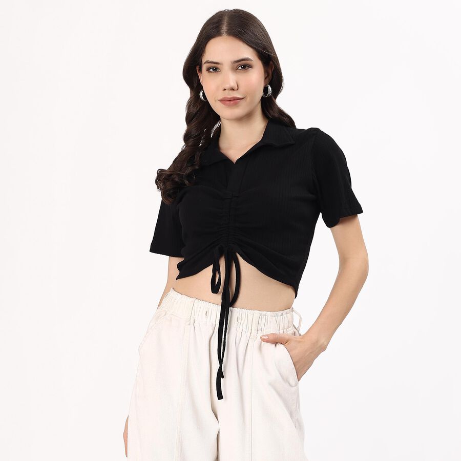 Women's Jet Black Cotton Collared Casual Crop Top, काला, large