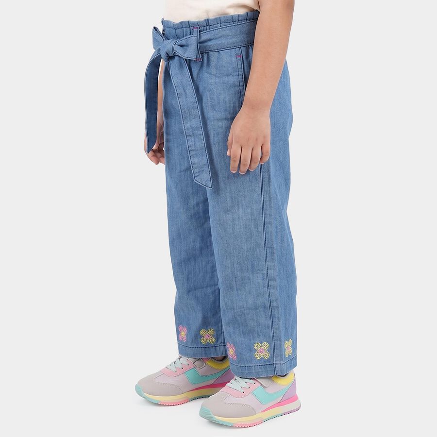 Girls Blue Wide Leg Embroidered Jeans, Mid Blue, large