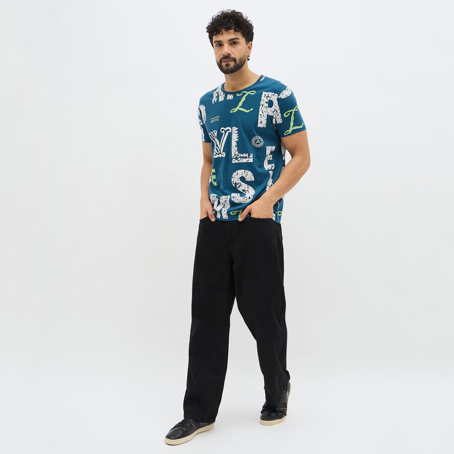 Men's Deep Teal Cotton Round Neck Graphic T-Shirt, गहरा नीला, large