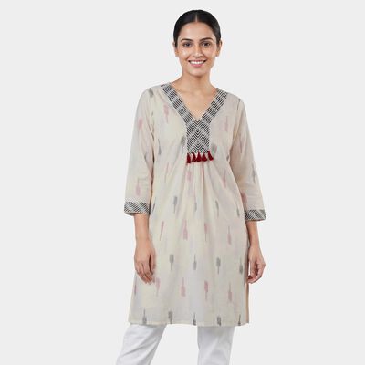 Women's White 100% Cotton Round Neck Straight Kurta