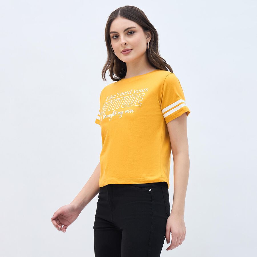 Women's Mustard Yellow Cotton Round Neck Casual T-Shirt, Mustard, large