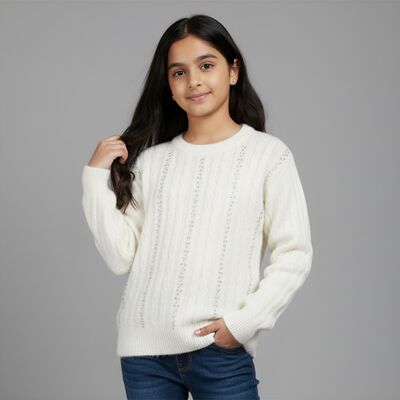 Girls Off White Crew Neck Casual Pullover
