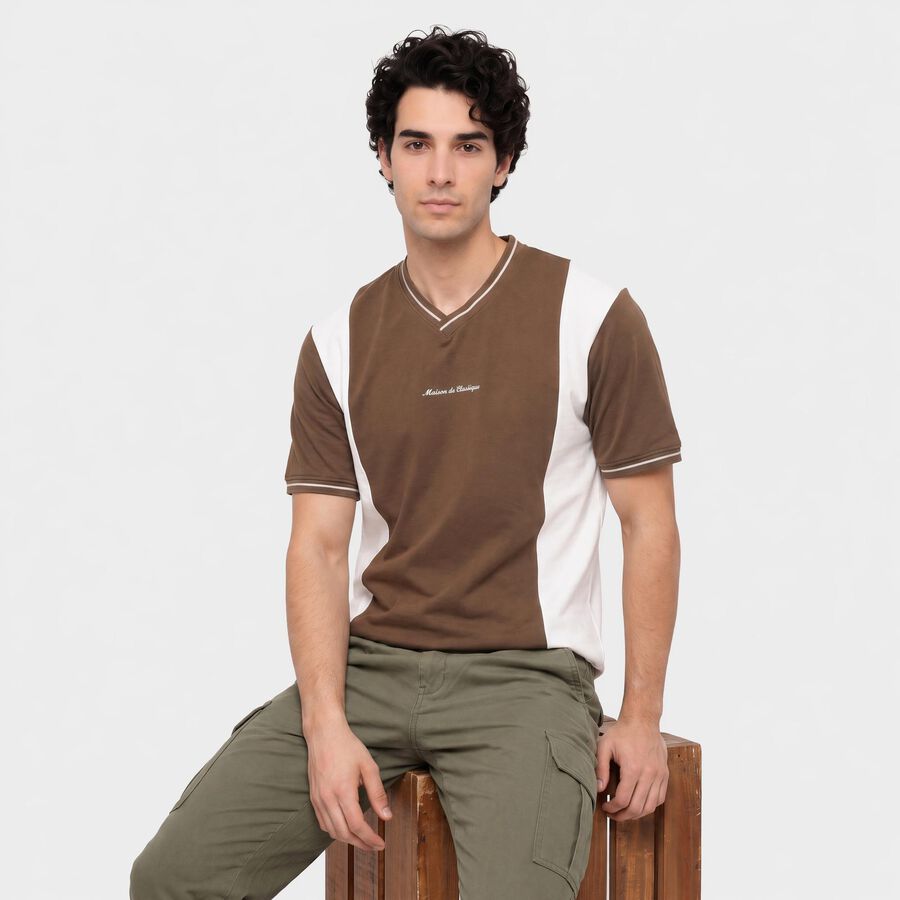 Men's Khaki V-Neck Regular T-Shirt, Khaki, large