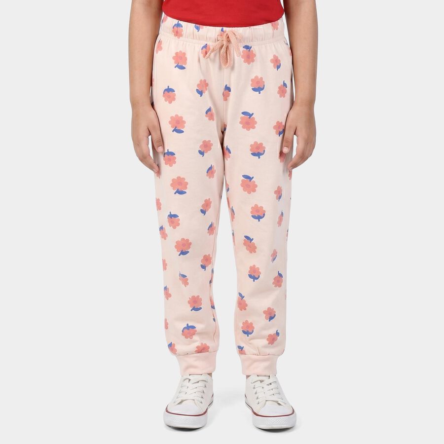 Girls' Off White Jogger Floral Printed Pyjama, ऑफ व्हाइट, large