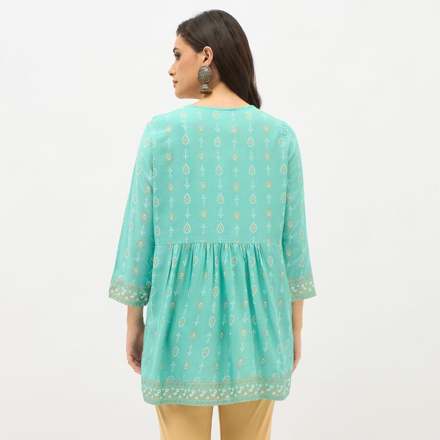 Women's Bright Aqua Blue Round Neck Embroidered Kurti, Aqua, large image number null