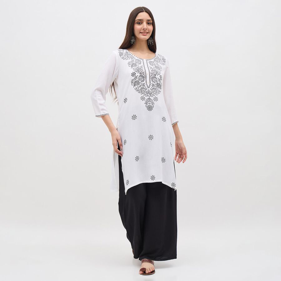 Women's White Round Neck Embroidered Kurta, ऑफ व्हाइट, large image number null