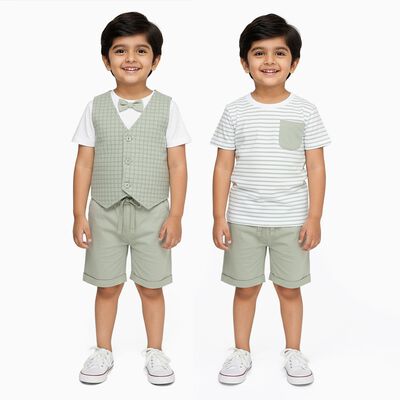 Infants' Light Green Cotton Round Neck Checkered Baba Suit