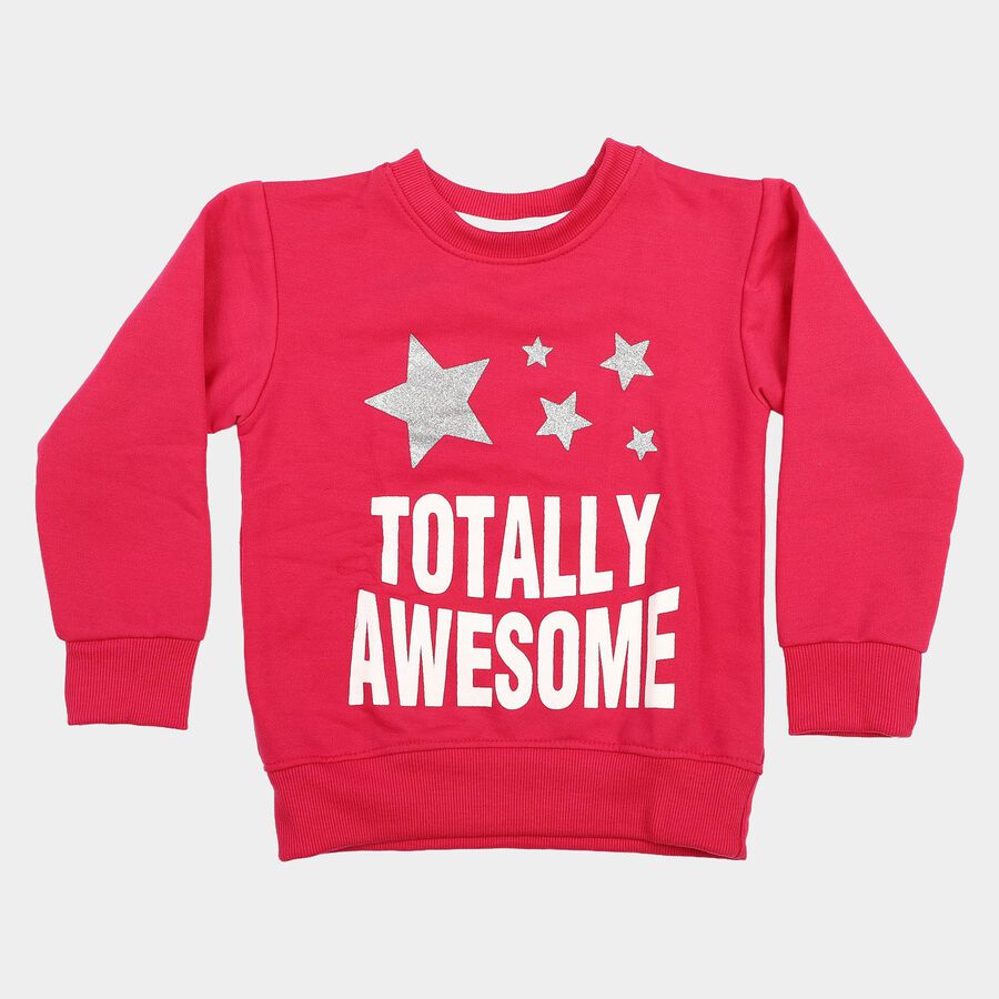 Girls' Fuchsia Round Neck Pullover Sweatshirt, Fuchsia, large