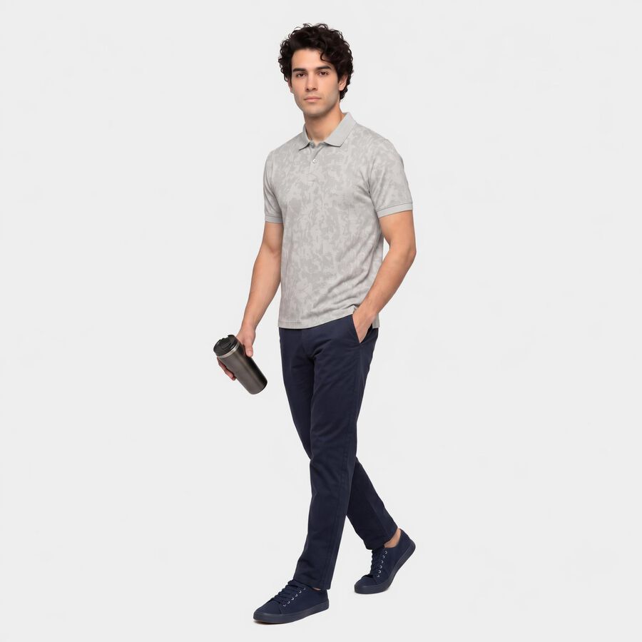 Men's Grey Cotton Polo Neck Abstract Printed T-Shirt, हल्का ग्रे, large