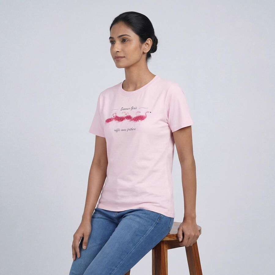 Women's Pink Cotton Round Neck Casual T-Shirt, हल्का गुलाबी, large