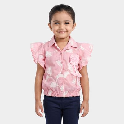 Girls Pink Collar Neck Regular Printed T-Shirt
