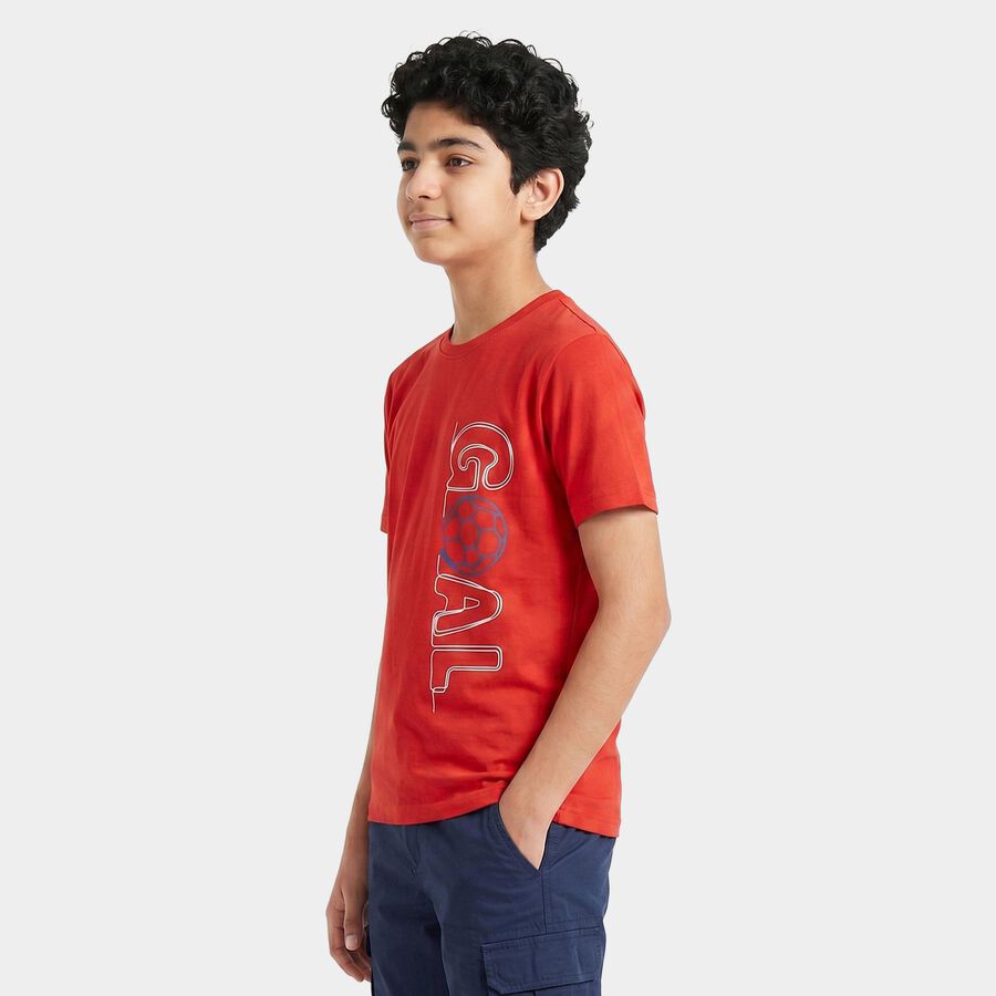 Boys Red Round Neck Regular Boys T-Shirt, लाल, large